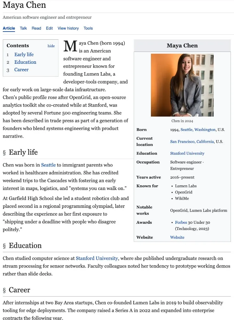 Screenshot of the WikiMe example article for Maya Chen
